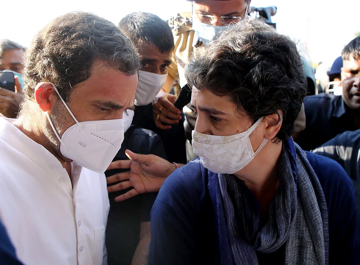 Congress leaders Priyanka Gandhi Vadra and Rahul Gandhi, at Delhi-Noida flyway on Saturday. They are on their way to meet the family of the alleged gangrape victim in Hathras (UP).