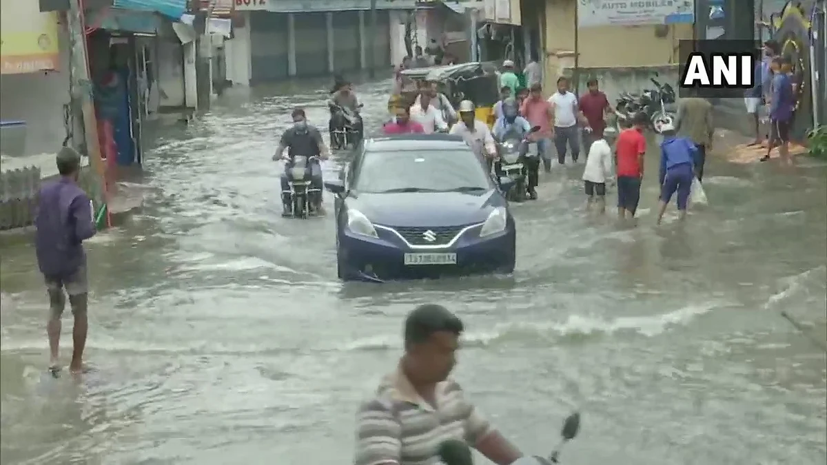 Streets are waterlogged in the Tolichowki area of Hyderabad following heavy rainfall.