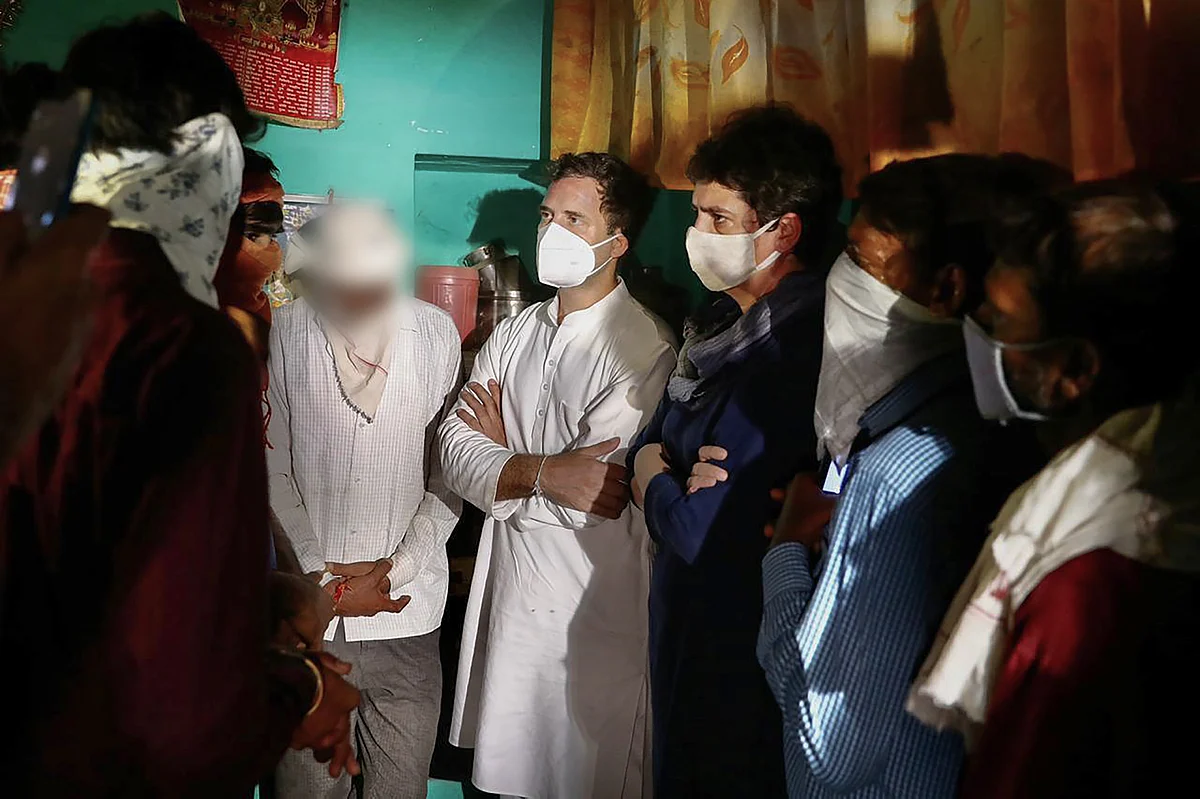 Congress leader Rahul Gandhi and Priyanka Gandhi Vadra meeting the Hathras victims family & extending the deepest condolences at village Boolgarhi in Hathras district on Saturday