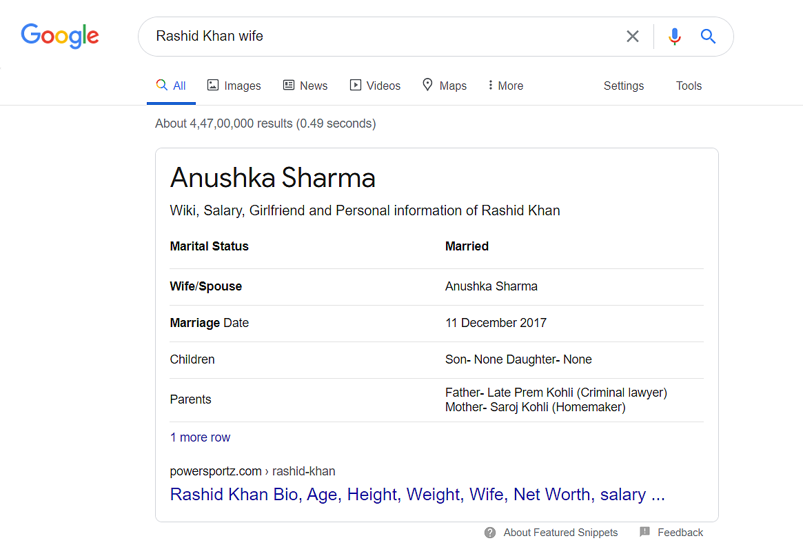 Why Google thinks Anushka Sharma is Rashid Khan's wife