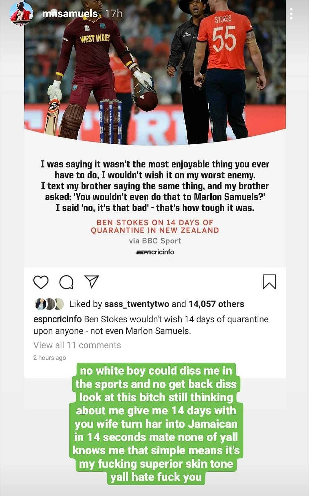 'Will turn your wife Jamaican in 14 seconds': Marlon Samuels lashes out at Ben Stokes