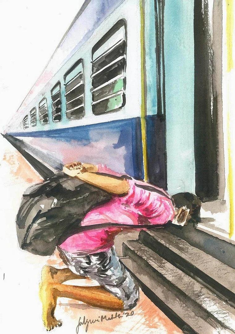 Falguni Mehta's touching artwork capturing migrant workers struggle to reach home