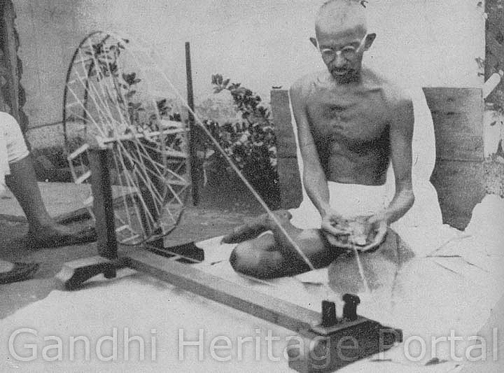 Gandhi at the wheel in Sabarmati Ashram in 1925