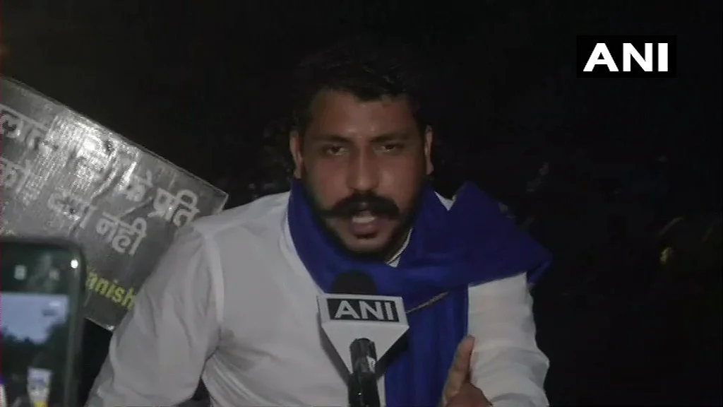 Delhi: Bhim Army Chief Chandrashekhar Azad takes part in a protest against Hathras incident, at Jantar Mantar.