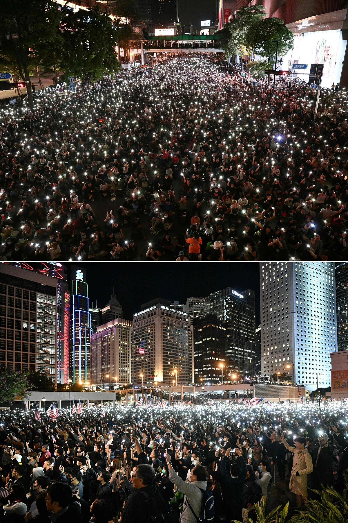 This combination of file pictures created on October 19, 2020 shows (top) pro-democracy protesters holding up flashlights on their phones during a demonstration in Bangkok on October 15, 2020, and (bottom) people holding up flashlights on their phones during a rally thanking US President Donald Trump for signing legislation requiring an annual review of freedoms in Hong Kong on November 28, 2019. - Hong Kong and Thailand have both seen their streets filled with youthful protesters daring to take on an entrenched and powerful political elite -- and uncork once taboo subjects in their push for greater freedoms.