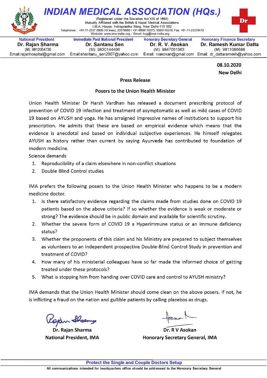 IMA poses 5 questions to Health Minister Harsh Vardhan after the latter releases Ayush-based COVID-19 management protocol