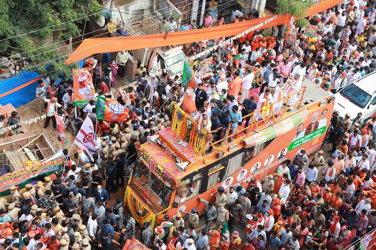 Union Home Minister Amit Shah during his roadshow in Hyderabad.
