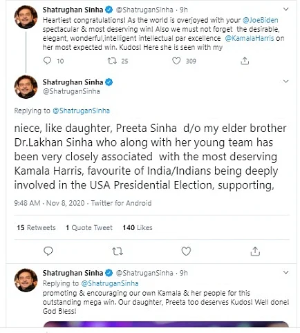 'Our daughter, Preeta too deserves Kudos': Shatrughan Sinha talks about his niece's association with Kamala Harris