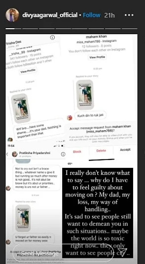 Divya Agarwal gets brutally trolled for posting pics on Instagram days after her father's death; check out her reply
