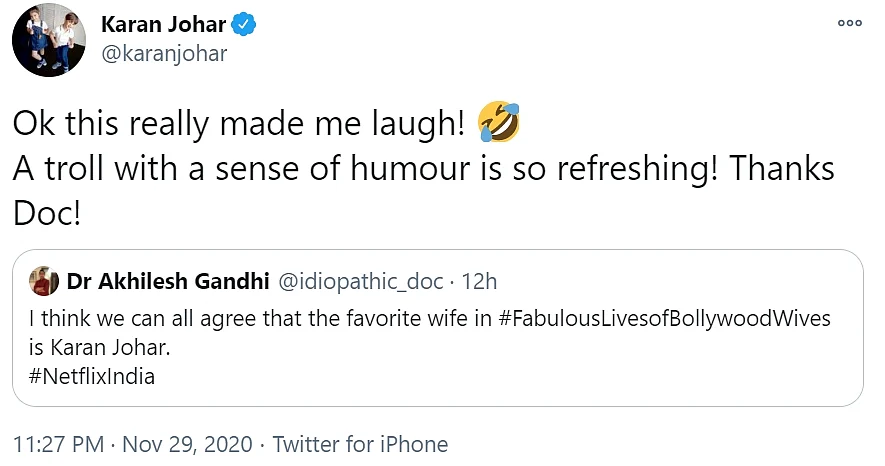 Check out Karan Johar's epic response to troll who called him 'favourite wife' from 'Fabulous Lives of Bollywood Wives'