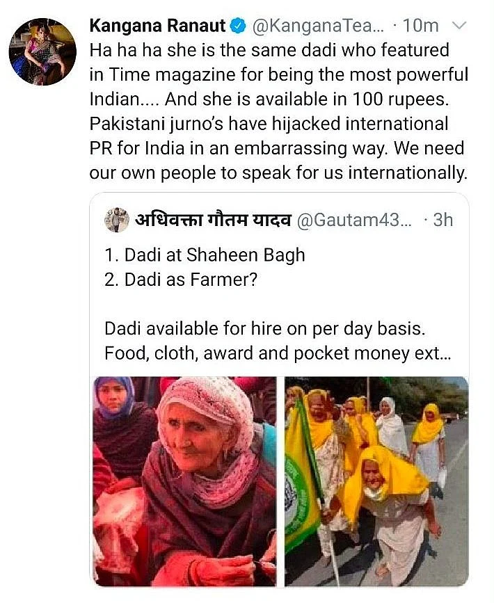 Kangana slammed for sharing 'fake news' on Shaheen Bagh Dadi participating in farmers' protest