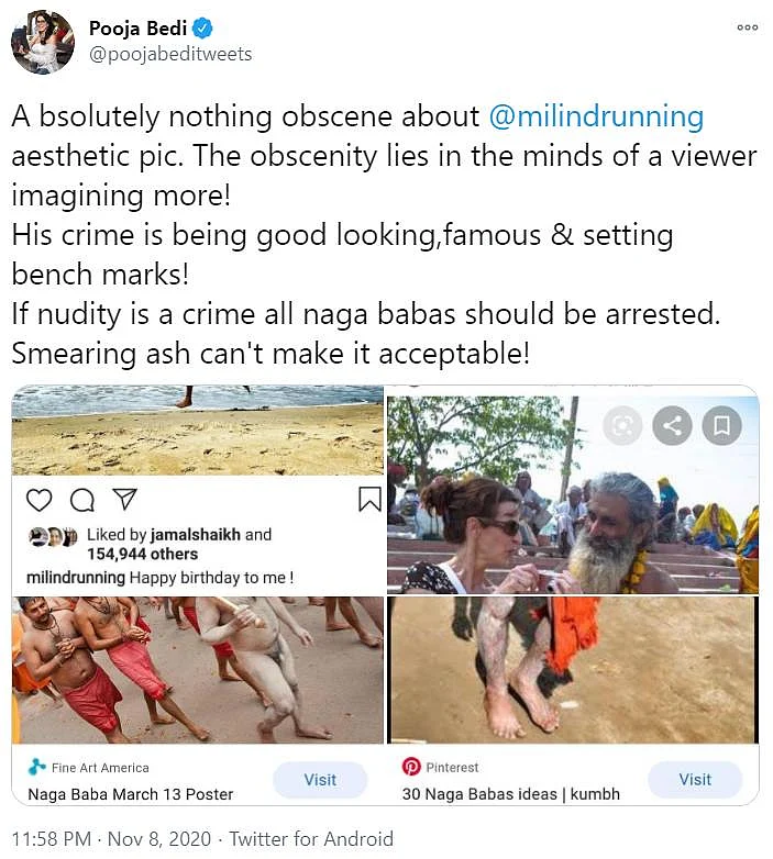Pooja Bedi receives flak for comparing Milind Soman’s nude picture with Naga Babas