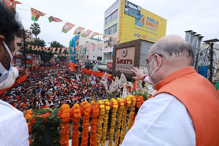 Union Home Minister Amit Shah during his roadshow in Hyderabad.