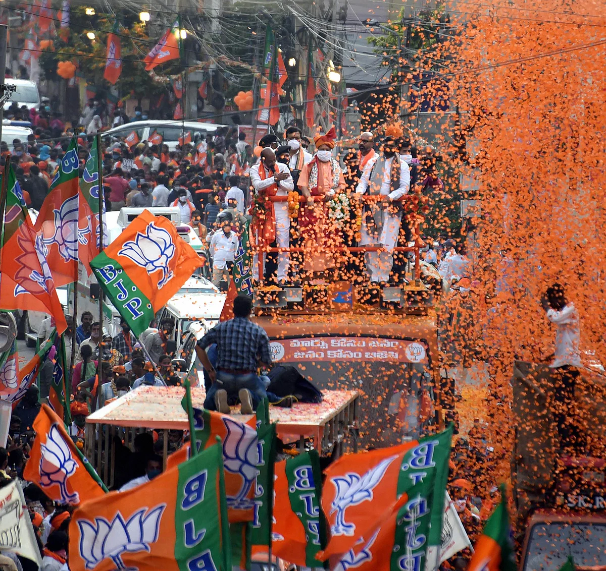 Uttar Pradesh Chief Minister Yogi Adityanath during a roadshow, ahead of GHMC elections in Hyderabad.