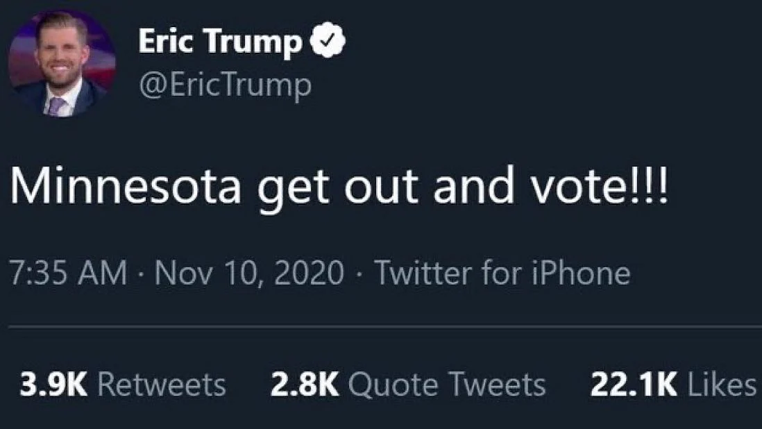Week after US polls, Eric Trump takes to Twitter urging Minnesota to 'get out and vote'