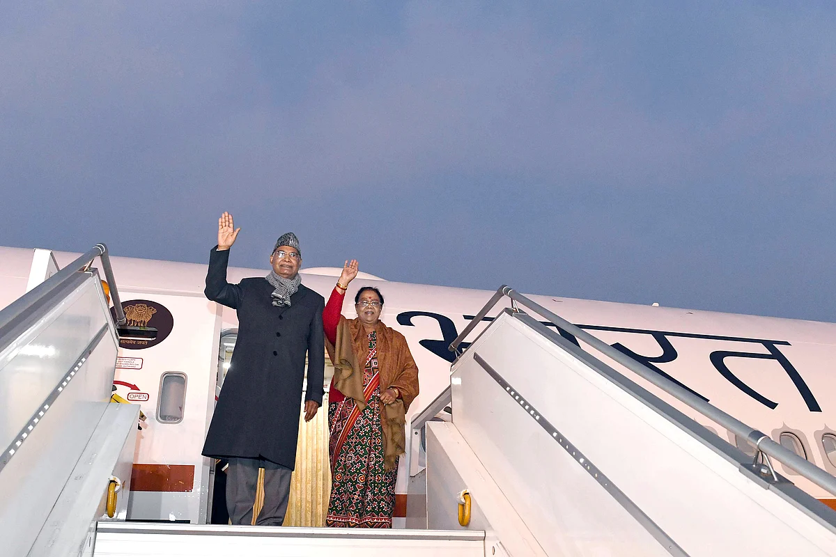 President Ram Nath Kovind along with first lady Savita Kovind boards the Air India One- B777 aircraft for the inaugural flight to Chennai on Tuesday.
