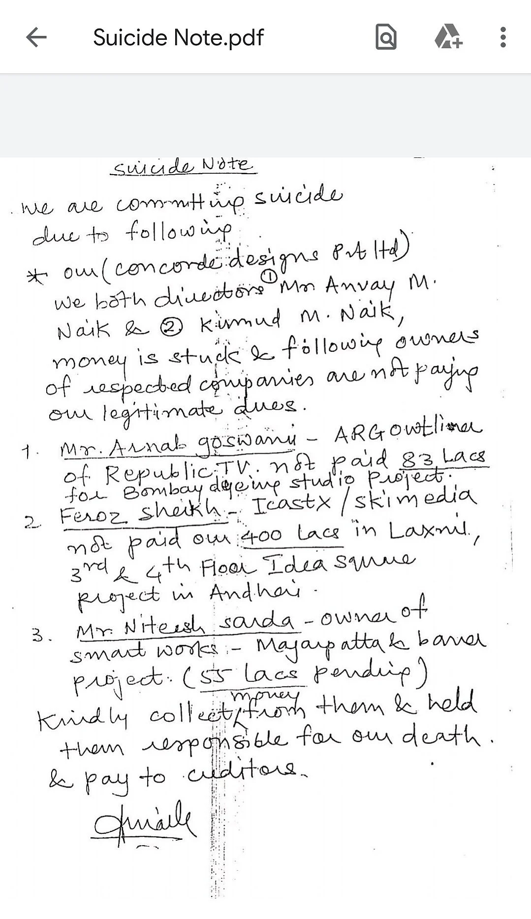 'Arnab Goswami did not pay Rs 83 lacs for Bombay Dyeing Studio project': Read Anvay Naik's suicide note