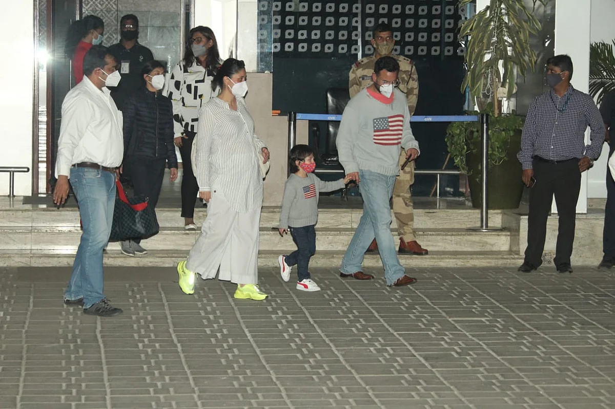 In Pics: Taimur twins with father Saif Ali Khan as they arrive back in the bay from Himachal