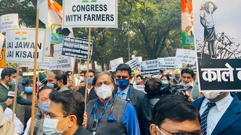 Congress MPs including Shashi Tharoor gathered in solidarity with farmers at party HQ in Delhi.