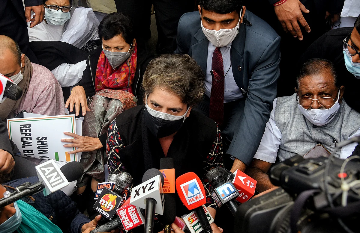 Congress leader Priyanka Gandhi Vadra speaks to the media after being stopped by Delhi Police during a protest in support of farmers protest against the three farms laws, outside AICC headquarters in New Delhi on Thursday.