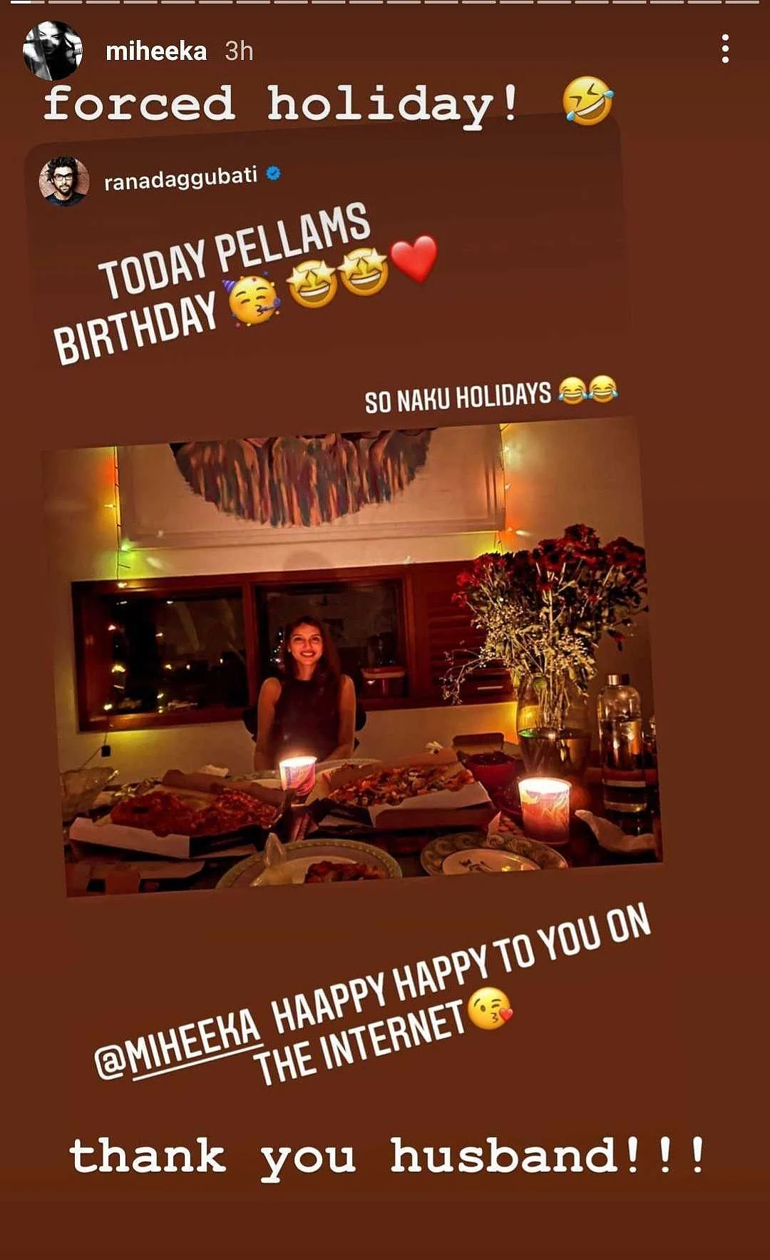 Rana Daggubati hosts candlelight pizza party for his 'Pellam' Miheeka on her birthday