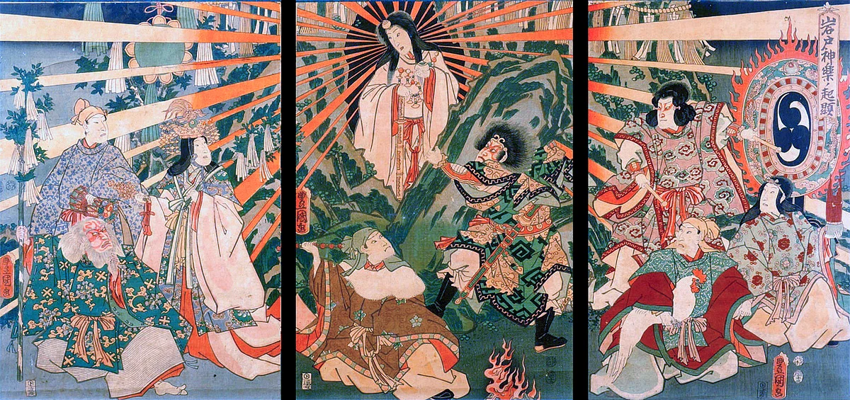 Japanese Sun goddess Amaterasu emerging from a cave.