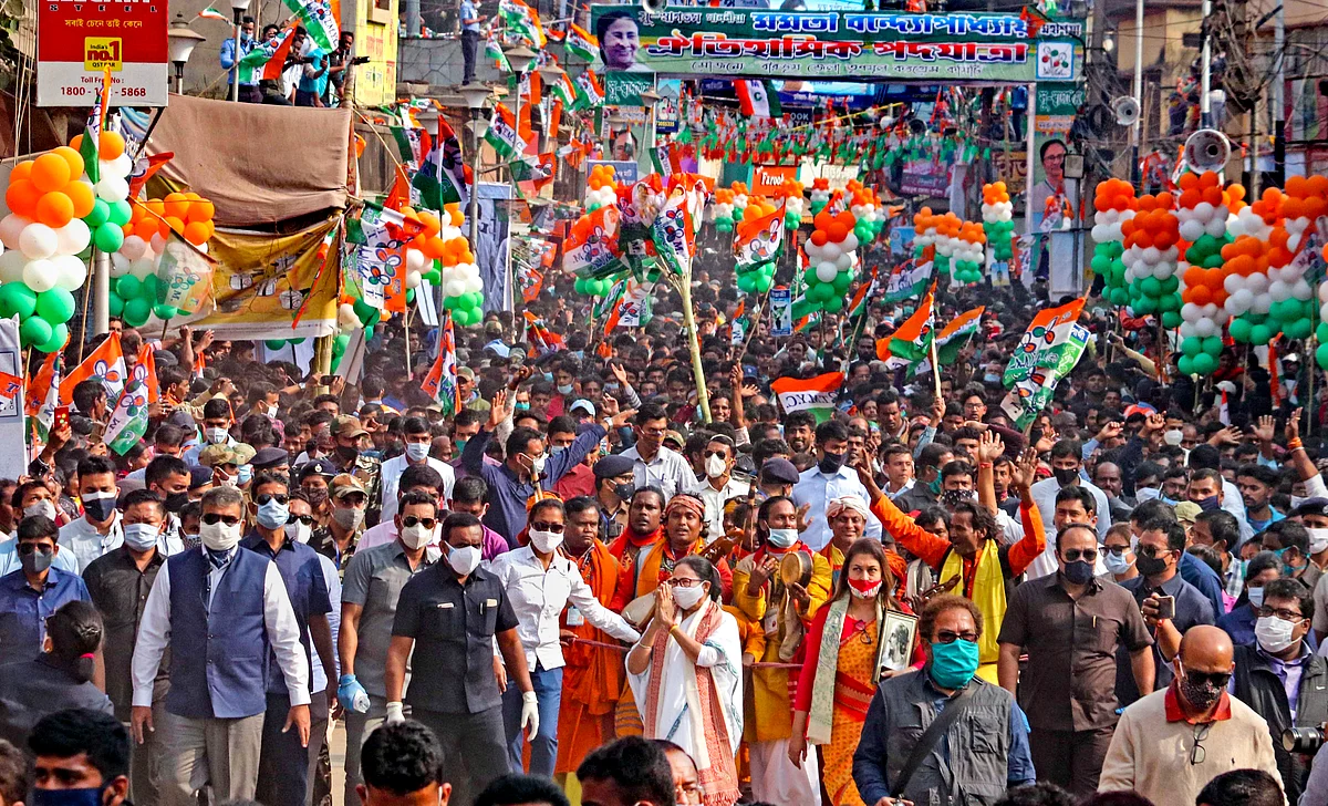 West Bengal Chief Minister Mamata Banerjee during a rally ahead of West Bengal Assembly polls 2021, at Bolpur in Birbhum district of West Bengal, Tuesday, Dec. 29, 2020. Also seen is TMC MP Satabdi Roy.