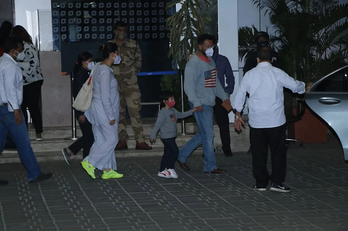 In Pics: Taimur twins with father Saif Ali Khan as they arrive back in the bay from Himachal