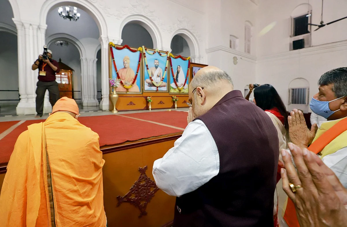 Union Home Minister Amit Shah during his visit to Ramakrishna Ashram in Kolkata on Saturday