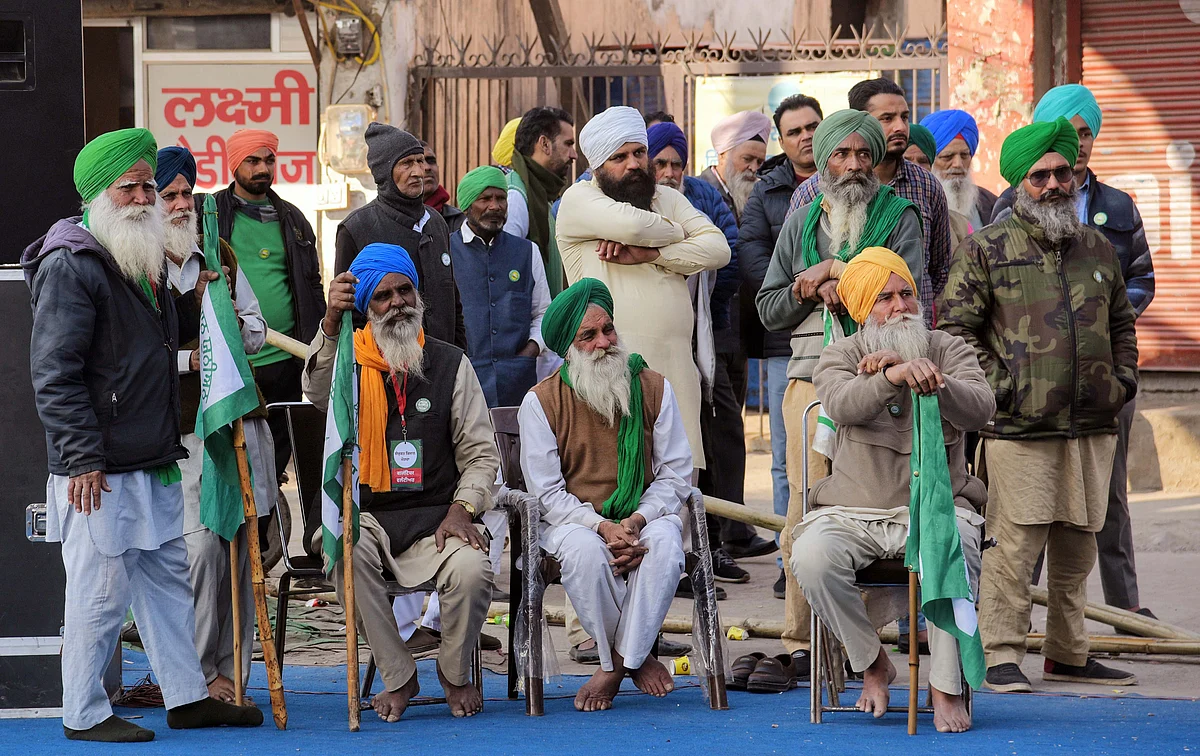 Farmers sitting at Tikri Border during a protest against farm law, in New Delhi on Jan 21.