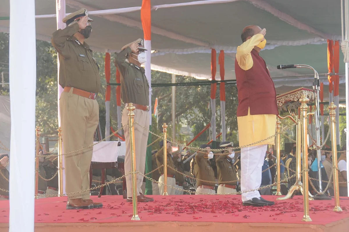 Chief guest taking guard of honour at full dress rehearsal in Bhopal on Sunday