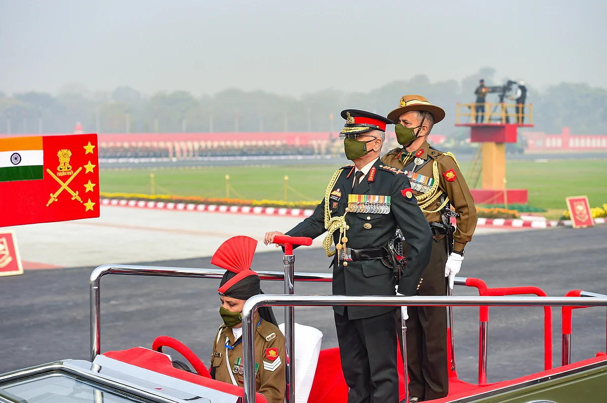 Chief of Army Staff Gen Manoj Mukund Naravane inspects the guard of honour during the 73rd Army Day Parade, at Parade Ground in New Delhi, Friday, Jan. 15, 2021.