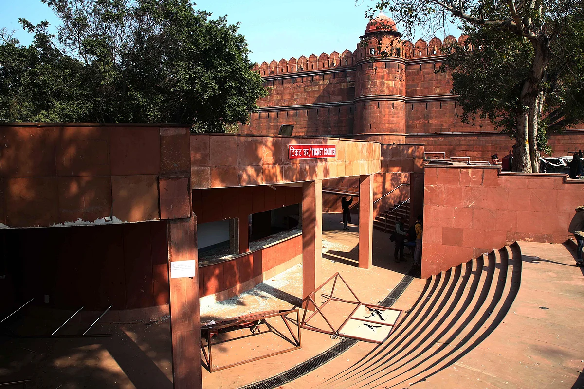 Vandalised ticket counter of Red Fort seen after the tractor rally, in New Delhi on Wednesday.