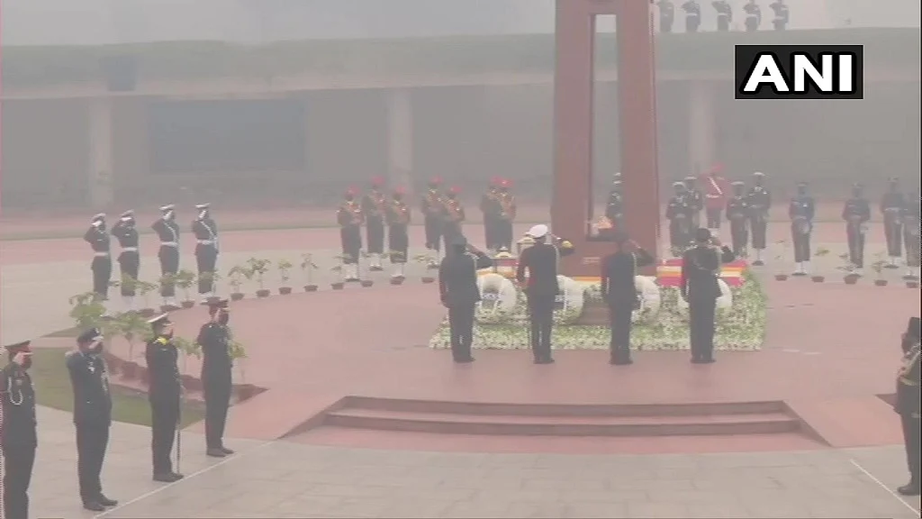 CDS General Bipin Rawat, Army Chief General MM Naravane, IAF Chief Air Chief Marshal RKS Bhadauria, and Navy Chief Admiral Karambir Singh pay tributes at National War Memorial.