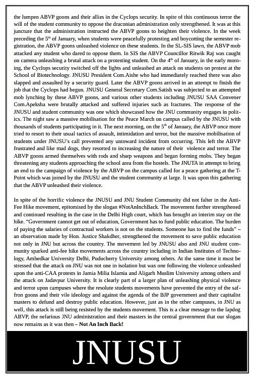 JNUSU marks one year since 'saffron terror', condemns police inaction against ABVP