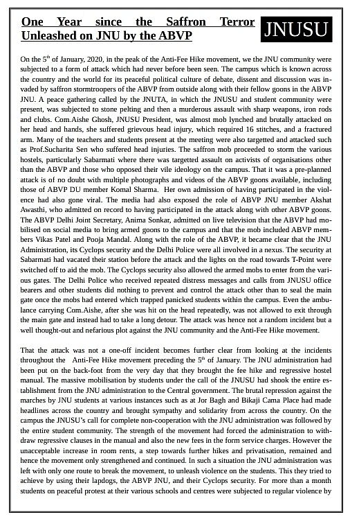 JNUSU marks one year since 'saffron terror', condemns police inaction against ABVP