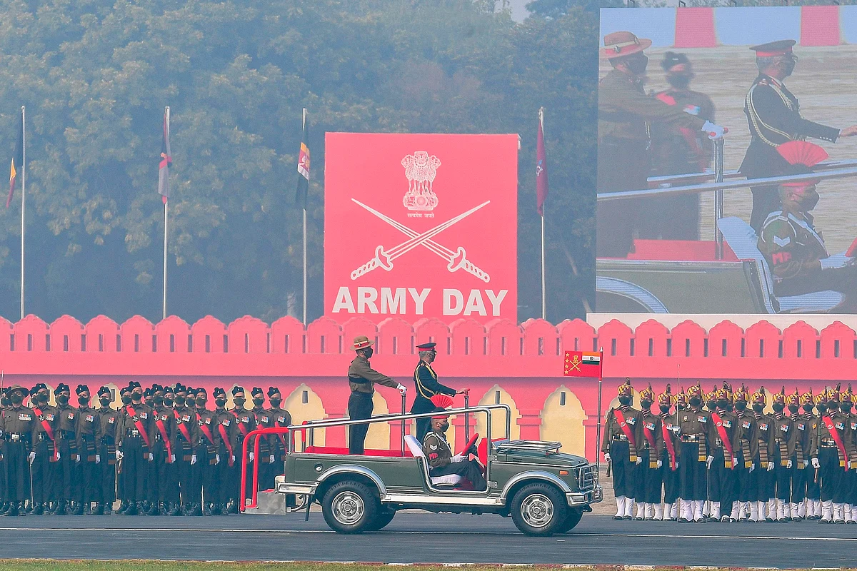 Chief of Army Staff General Manoj Mukund Naravane reviews a parade during a ceremony to celebrate Indias 73rd Army Day in New Delhi on January 15, 2021. (Photo by Prakash SINGH / AFP)