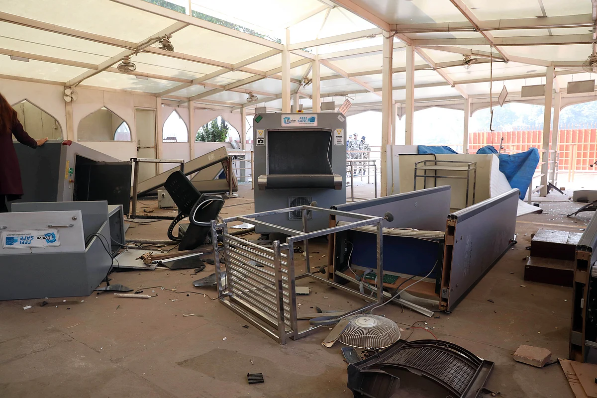 Vandalised Security check machines seen after the Tractor rally, at Red Fort in New Delhi on Wednesday