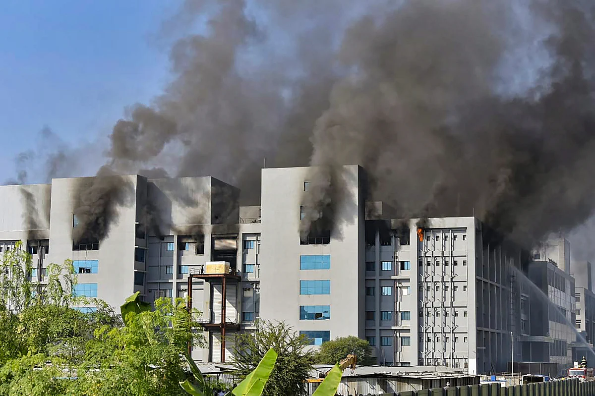 Pune: Smoke billows out after a massive fire broke out at the Serum Institute of India, in Pune, Thursday, Jan. 21, 2021. The facility had rolled out its Covishield vaccine for the first phase of COVID vaccination drive that began on Jan 16