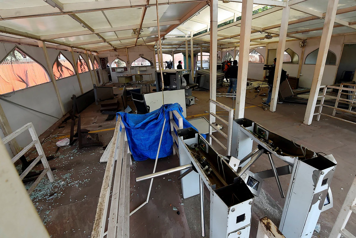 Damaged metal detectors at an entry gate in the premises of the Red Fort, a day after it was stormed by protesting farmers during their tractor march