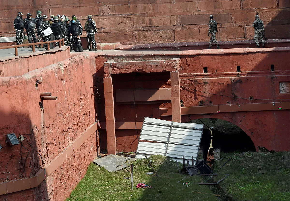 Security tightened at Red Fort, a day after it was stormed by protesting farmers during their tractor march, in New Delhi, Wednesday, Jan 27, 2021.