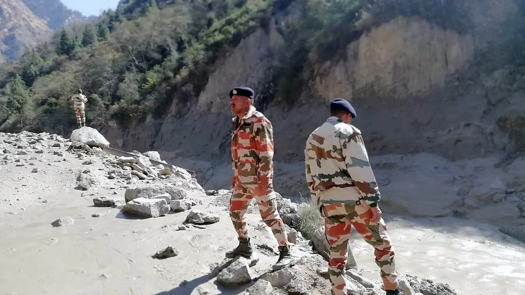 ITBP personnel assess the damages in Tapovan and area of Reni where flash flood occurred.