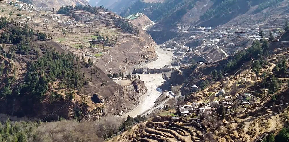 Chamoli: Damaged dam of the Rishi Ganga Power Project, after a glacier broke off in Joshimath in Uttarakhand?s Chamoli district causing a massive flood in the Dhauli Ganga river, Sunday, Feb. 7, 2021
