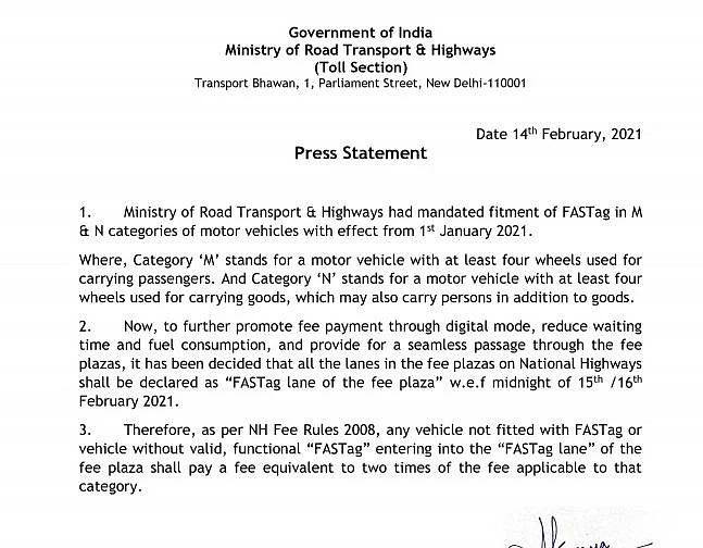All lanes in fee plazas on National Highways to turn 'FASTag' from tomorrow midnight