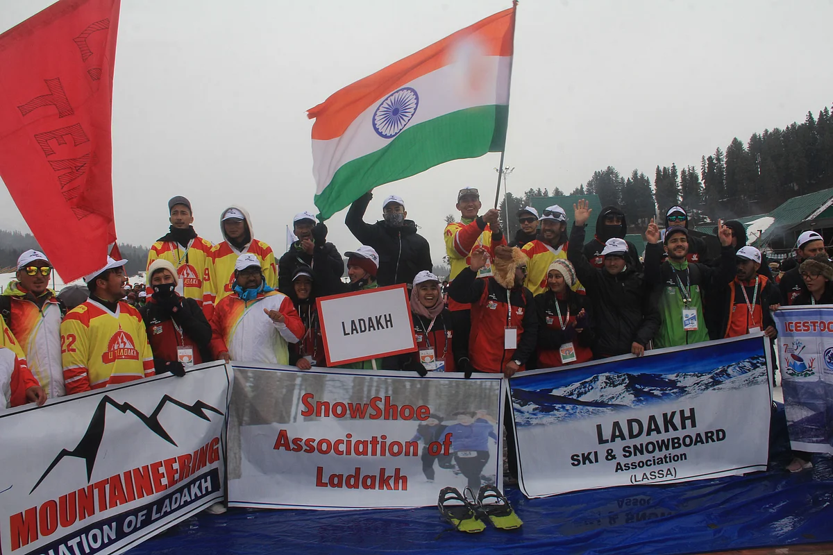 Jammu and Kashmir, Feb 26 (ANI): Participants during 2nd edition of Khelo India winter games 2021, in Gulmarg on Friday.