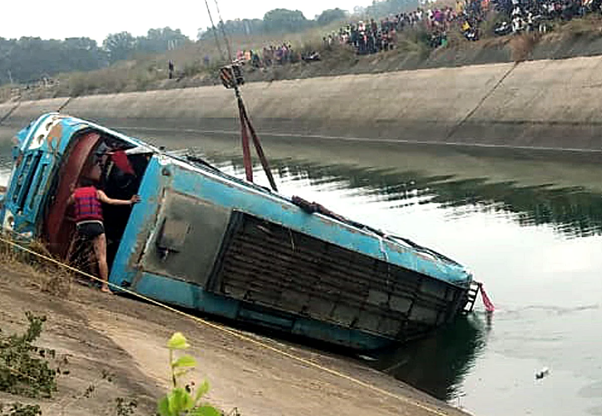 NDRF team carries out rescue operation after an overcrowded bus plunged into a canal in Sidhi district