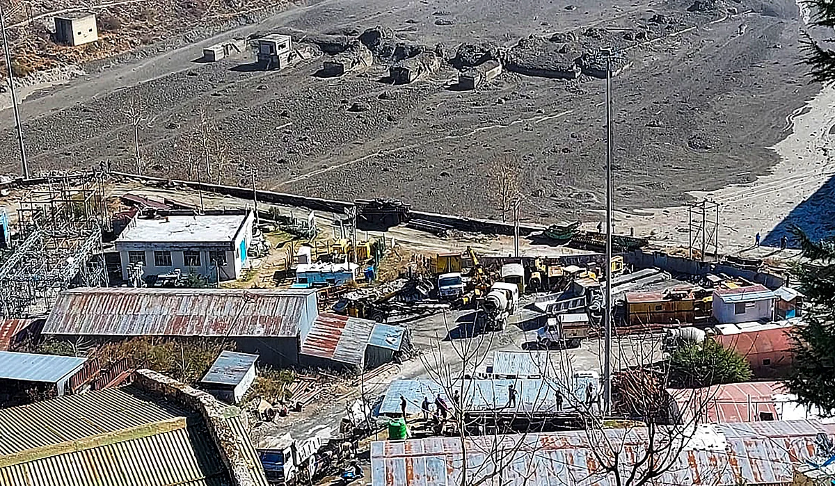 Chamoli: Washed away barrage of Rishi Ganga power project in Neeti valley, after a glacier broke off in Joshimath in Uttarakhand's Chamoli district causing a massive flood in the Dhauli Ganga river, Sunday, Feb. 7, 2021.