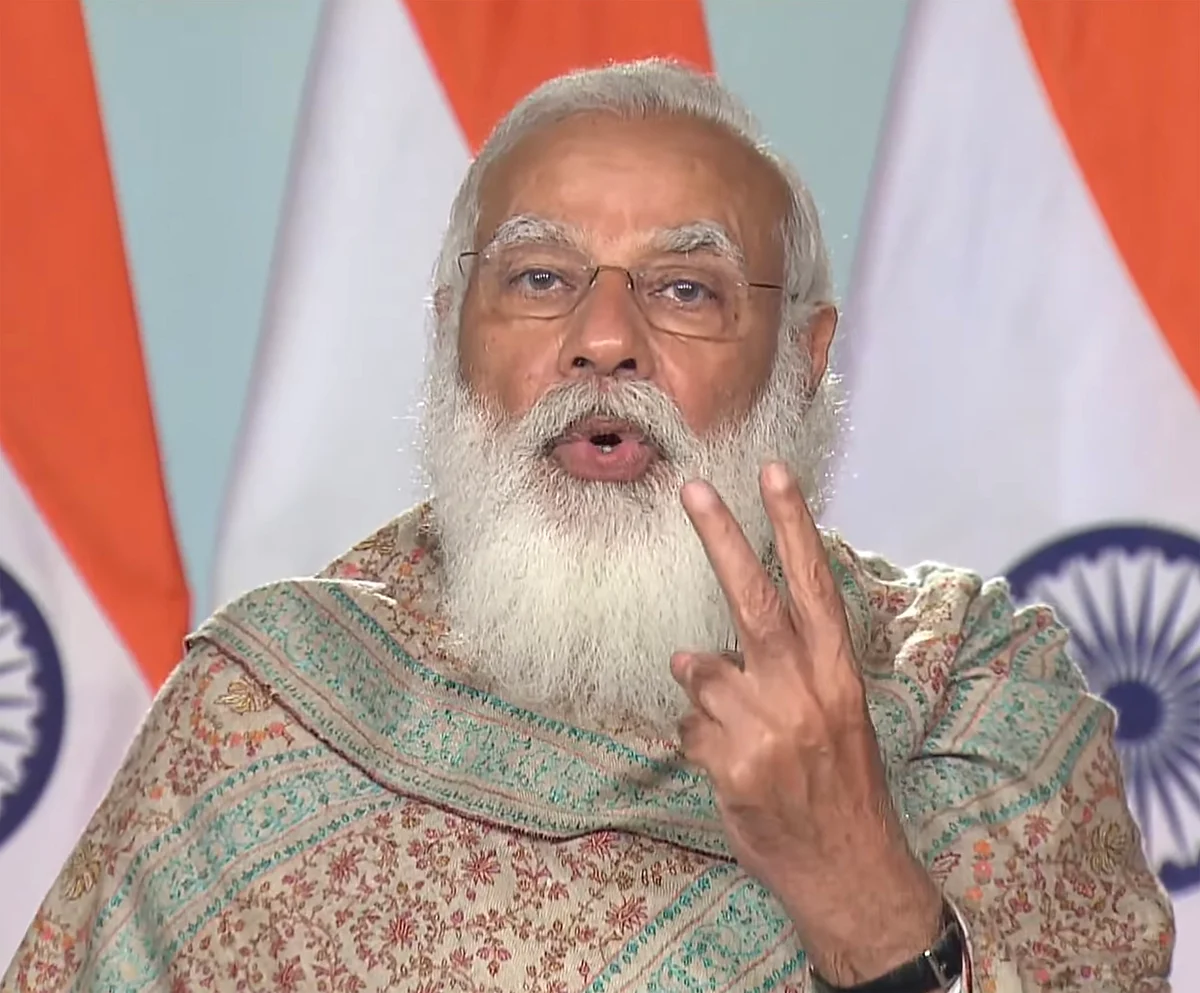 New Delhi: Prime Minister Narendra Modi speaks during the inauguration of Khelo India Winter Games in Gulmarg, via video conferencing, in New Delhi, Friday, Feb. 26, 2021.