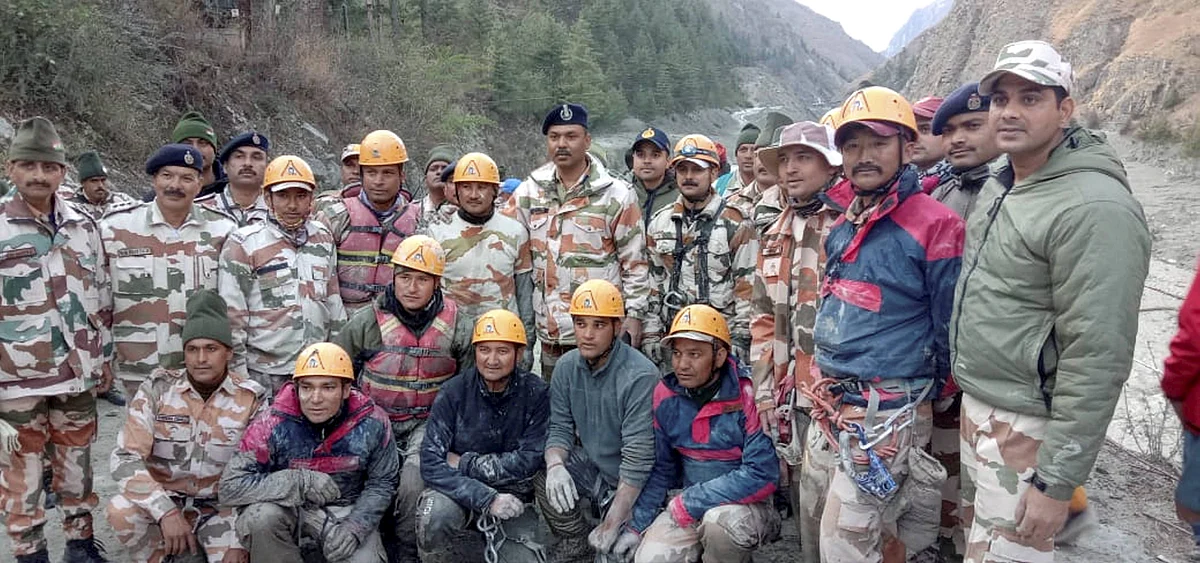 ITBP rescue team at Tapovan Tunnel, after a glacier broke off in Joshimath in Uttarakhand?s Chamoli district causing a massive flood in the Dhauli Ganga river, Sunday, Feb. 7, 2021. More than 150 labourers working at the Rishi Ganga power project may have been directly affected.