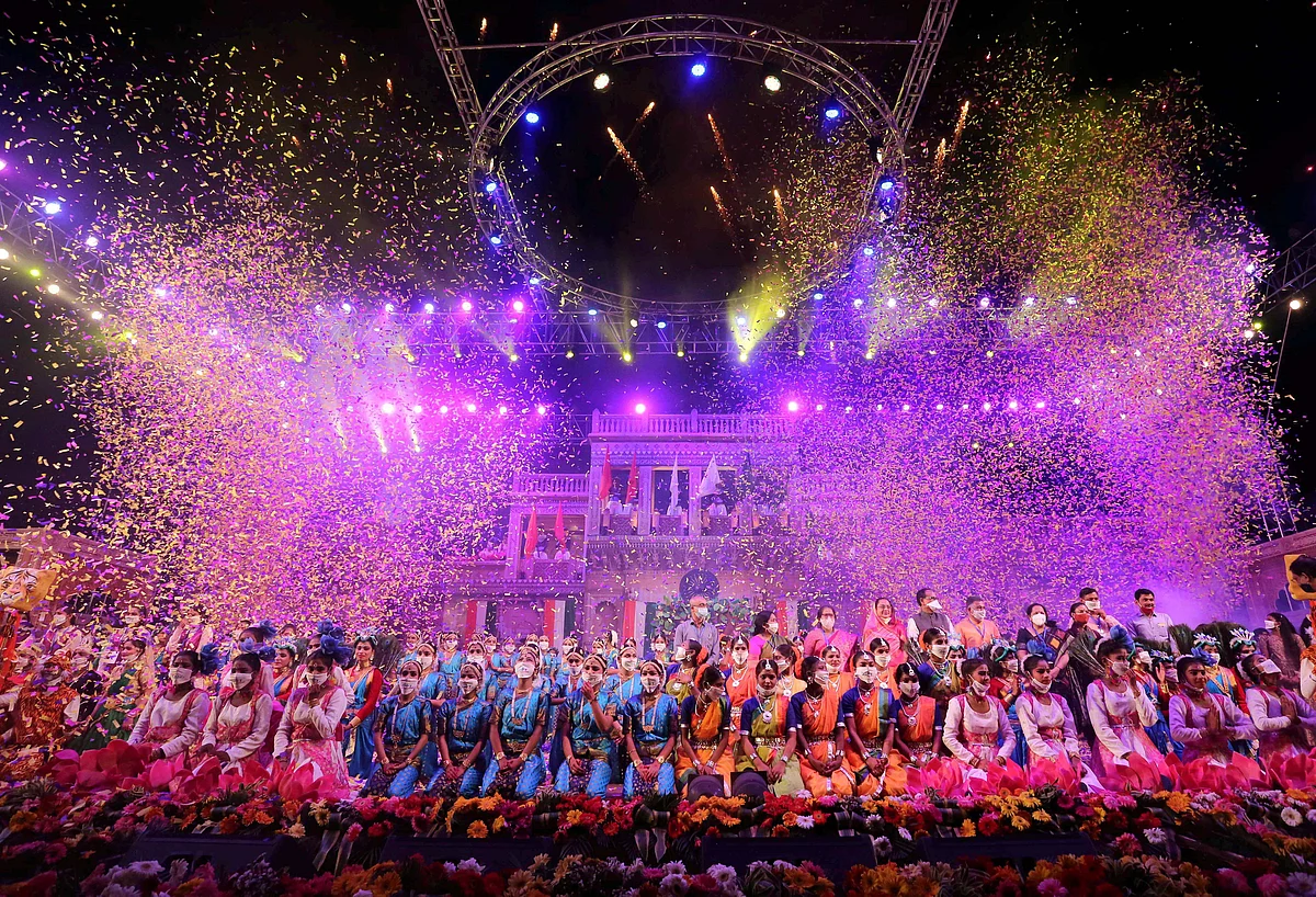 School children perform at a cultural event 'Anugoonj-2021' in Bhopal, Tuesday.